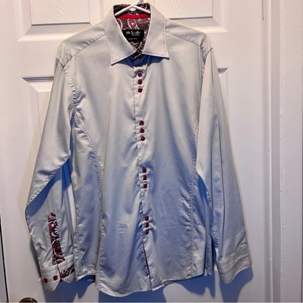 3/25$💥 Mr. Smith buttons down long sleeve Slim Fit gray red Men Large formal